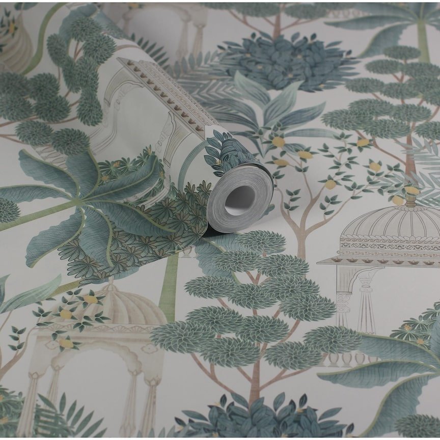 - Esselle Exotic Pavilion Parchment/Green Wallpaper - 100015EH - Decor Warehouse