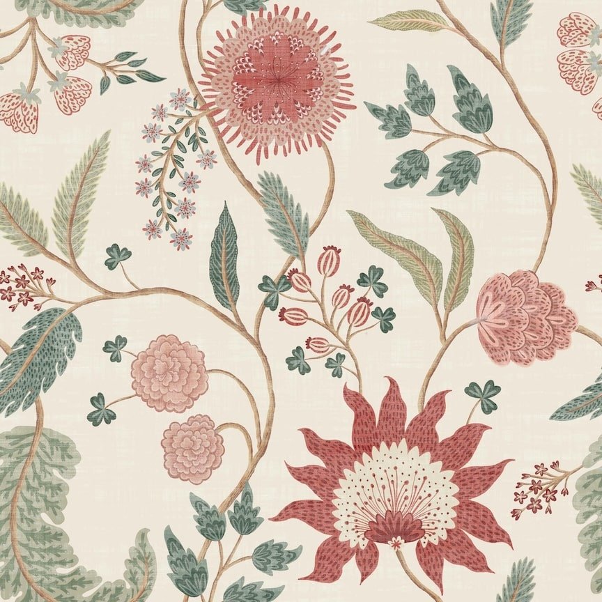 - Esselle Fable Trail Linen/Raspberry/Green Wallpaper - 100016EH - Decor Warehouse