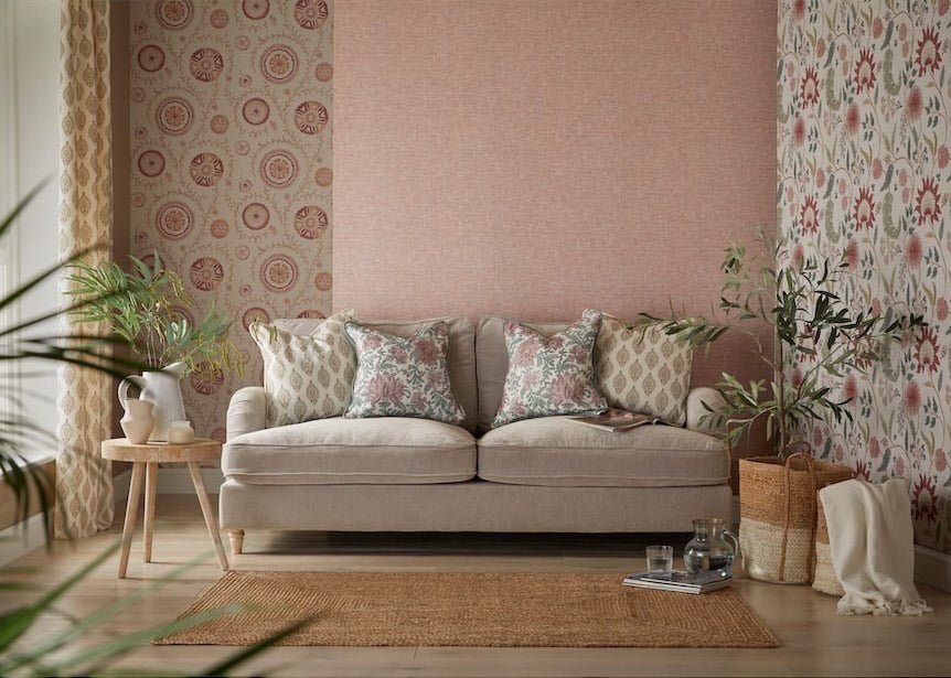Esselle Fable Trail Linen/Raspberry/Green Wallpaper - 100016EH