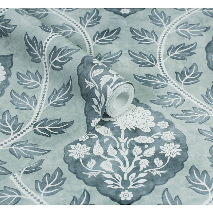 - Esselle Floral Cartouche Slate Blue Wallpaper - 100019EH - Decor Warehouse
