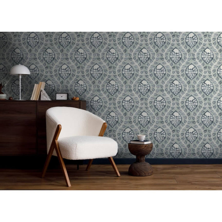 - Esselle Floral Cartouche Slate Blue Wallpaper - 100019EH - Decor Warehouse