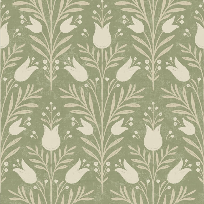 - Esselle Heritage Tulip Spring Green Wallpaper - 100026EH - Decor Warehouse