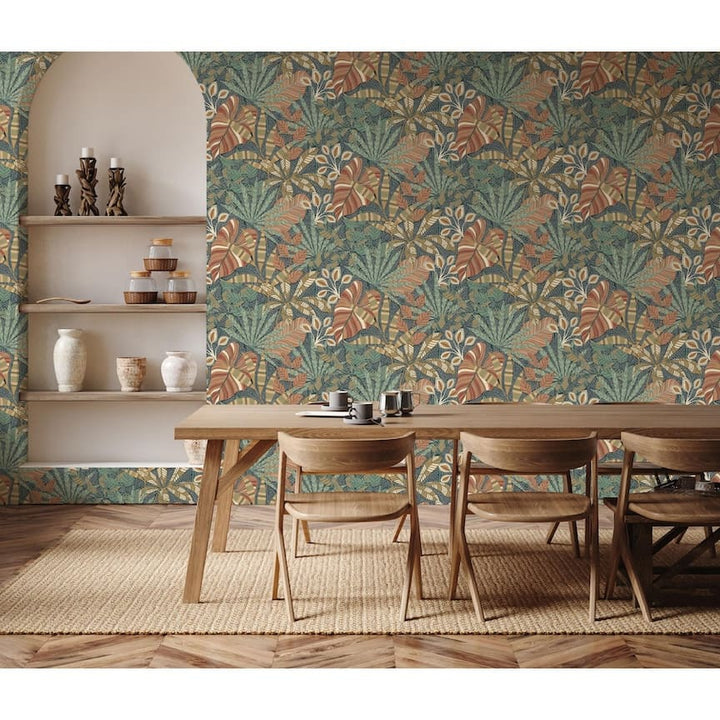 - Esselle Kirra Leaf Navy/Spice Wallpaper - 100032EH - Decor Warehouse