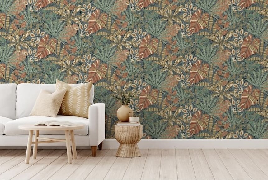 - Esselle Kirra Leaf Navy/Spice Wallpaper - 100032EH - Decor Warehouse