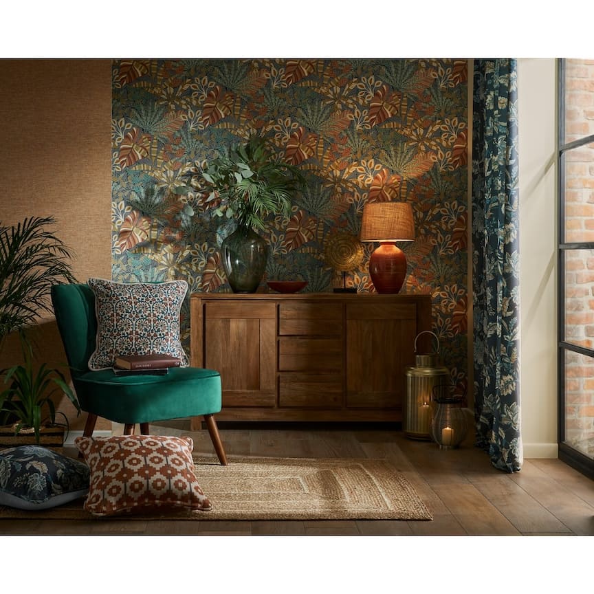 - Esselle Kirra Leaf Navy/Spice Wallpaper - 100032EH - Decor Warehouse