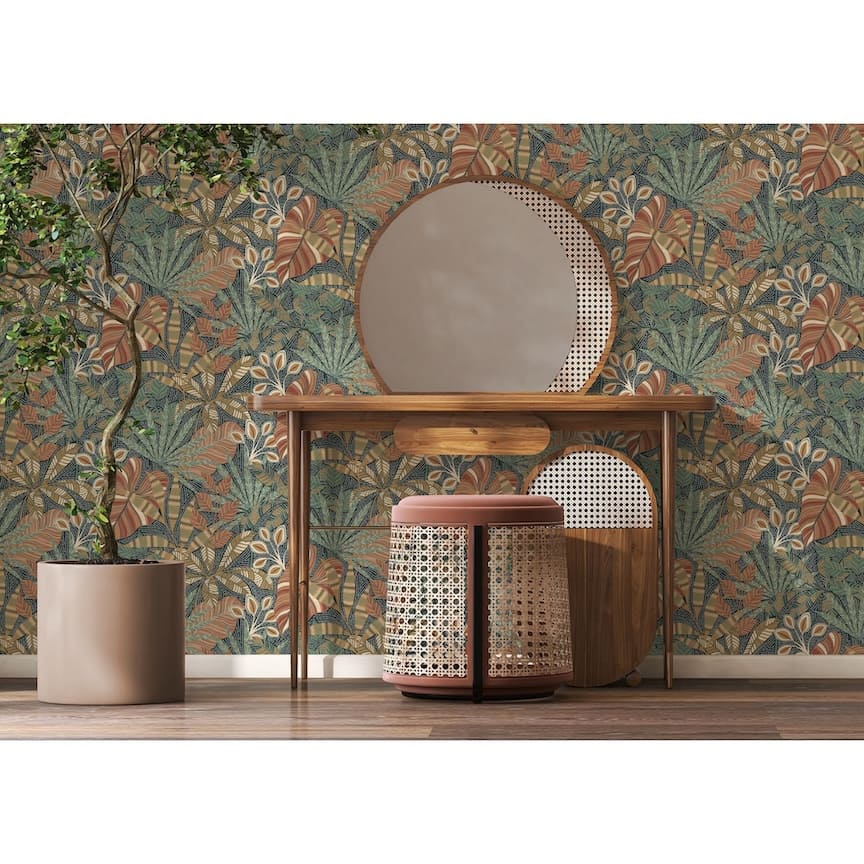- Esselle Kirra Leaf Navy/Spice Wallpaper - 100032EH - Decor Warehouse