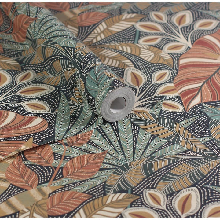 - Esselle Kirra Leaf Navy/Spice Wallpaper - 100032EH - Decor Warehouse