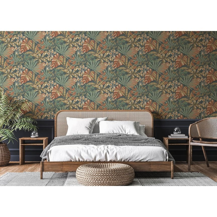 - Esselle Kirra Leaf Navy/Spice Wallpaper - 100032EH - Decor Warehouse