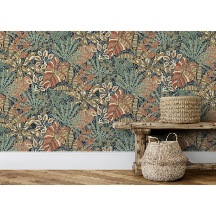 - Esselle Kirra Leaf Navy/Spice Wallpaper - 100032EH - Decor Warehouse