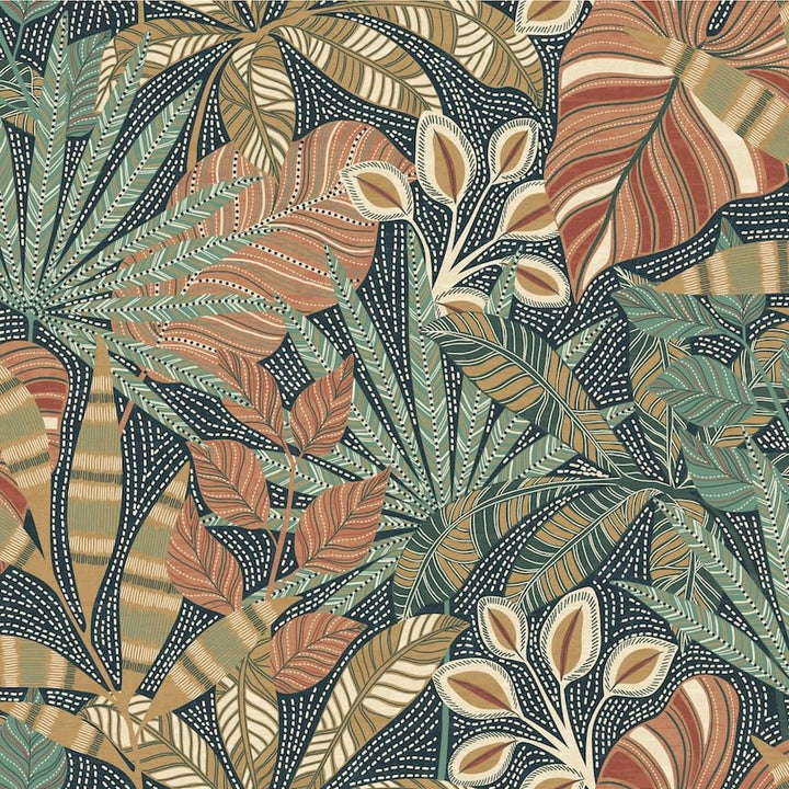 - Esselle Kirra Leaf Navy/Spice Wallpaper - 100032EH - Decor Warehouse
