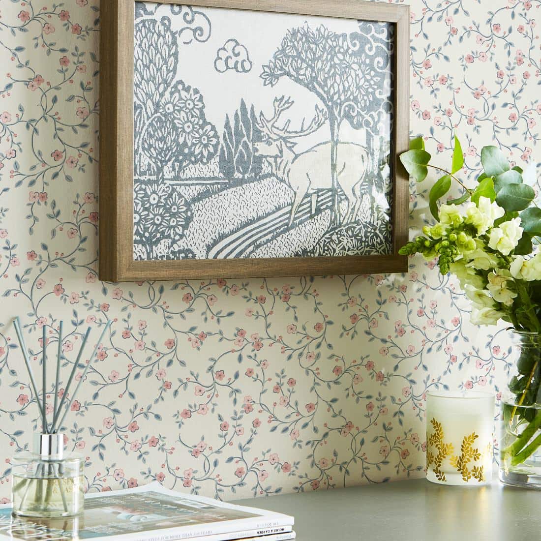 Laura Ashley Blencow Sprig Wallpaper close up of Blencow sprig in living room - 122749 - Decor Warehouse