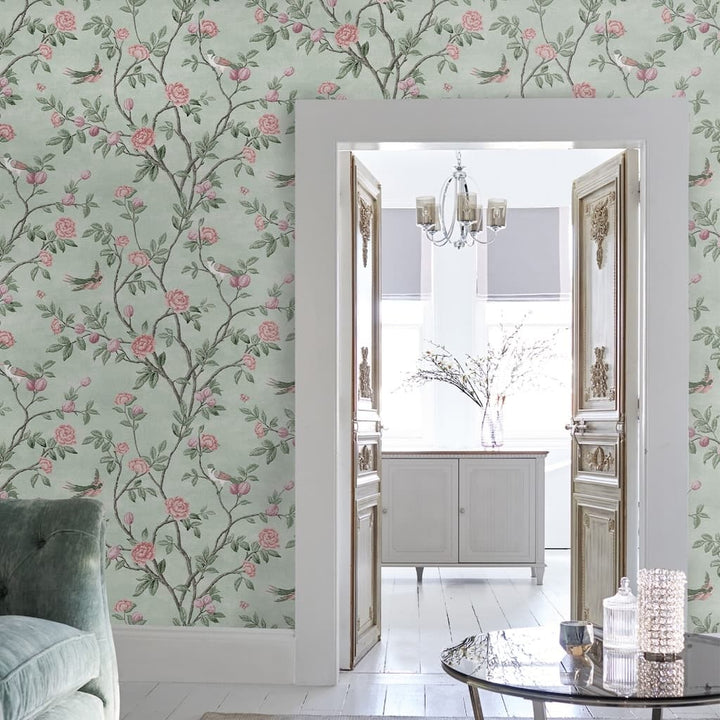 - Laura Ashley Eglantine Eau De Nil Wallpaper - 113371 - Decor Warehouse