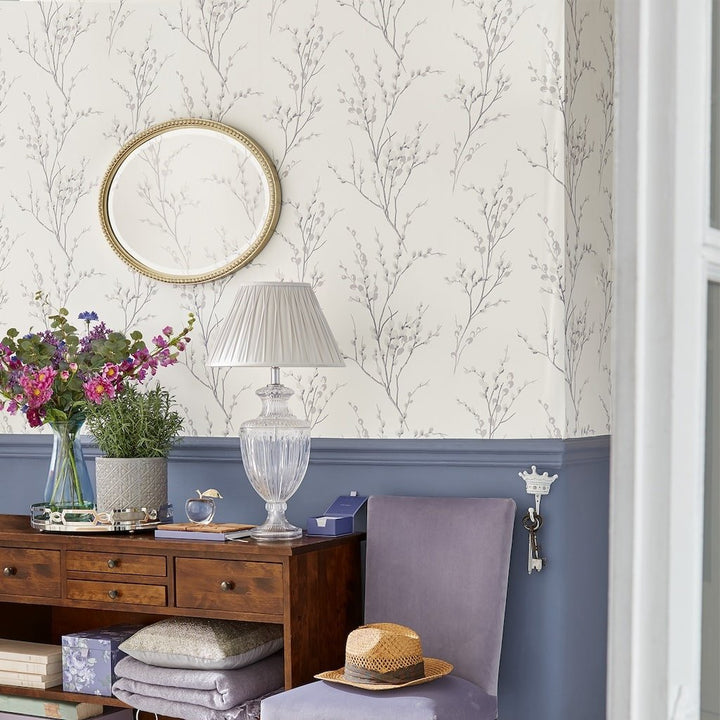 - Laura Ashley Pussy Willow Off White and Steel Wallpaper - 113359 - Decor Warehouse