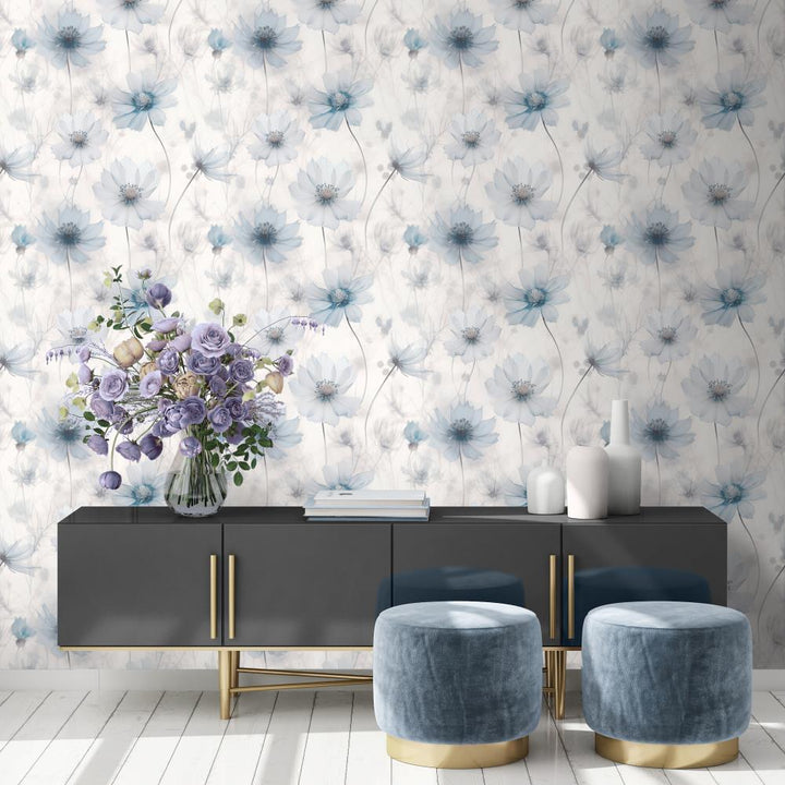 - Muriva Lissa Flower Blue Metallic Wallpaper - 215502 - Decor Warehouse