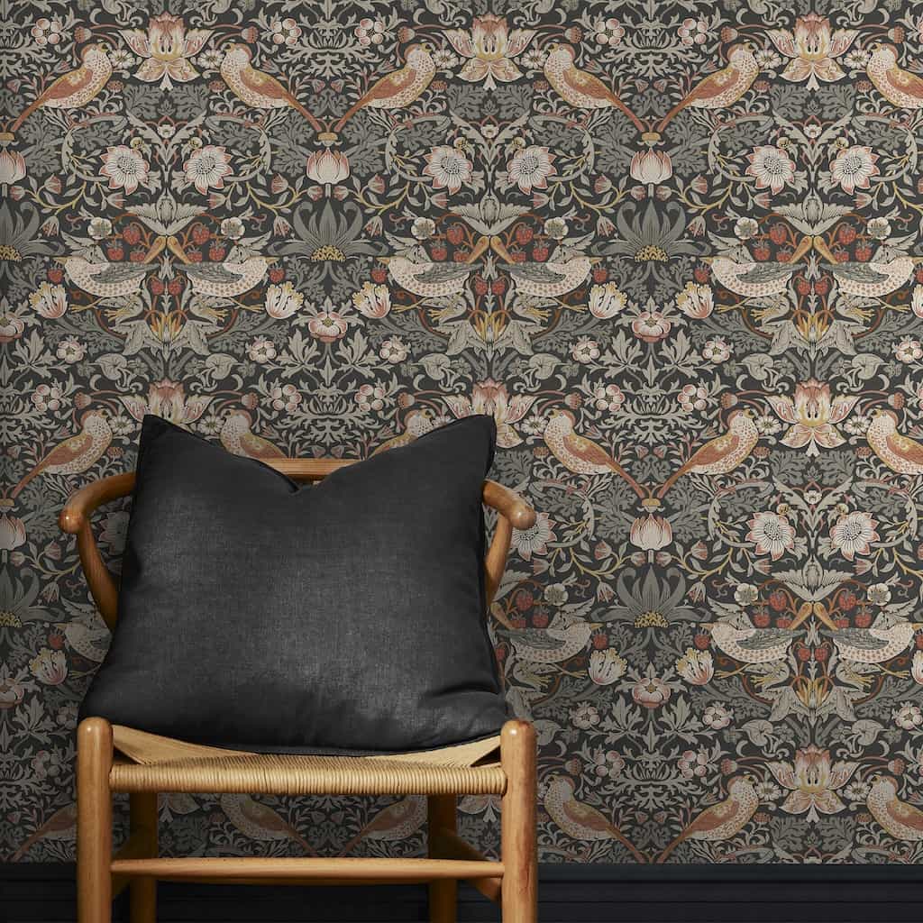 - William Morris At Home Strawberry Thief Charcoal Wallpaper - 124230 - Decor Warehouse