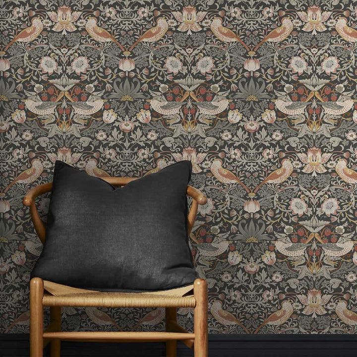 - William Morris At Home Strawberry Thief Charcoal Wallpaper - 124230 - Decor Warehouse