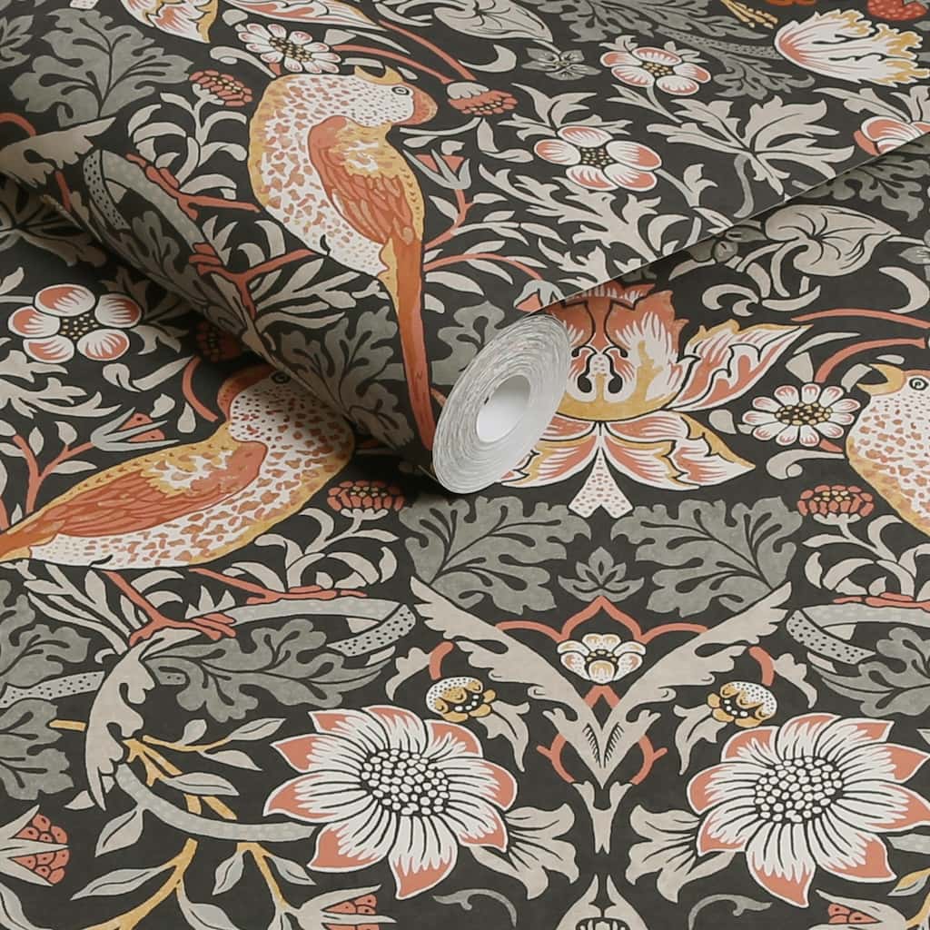 - William Morris At Home Strawberry Thief Charcoal Wallpaper - 124230 - Decor Warehouse