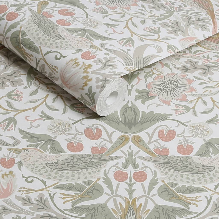 - William Morris At Home Strawberry Thief Sage & Pink Wallpaper - 124233 - Decor Warehouse