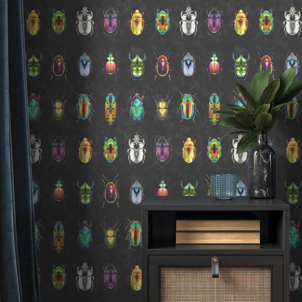 Woodchip & Magnolia Beetle Jewels Multi Black Wallpaper - WM-092-01