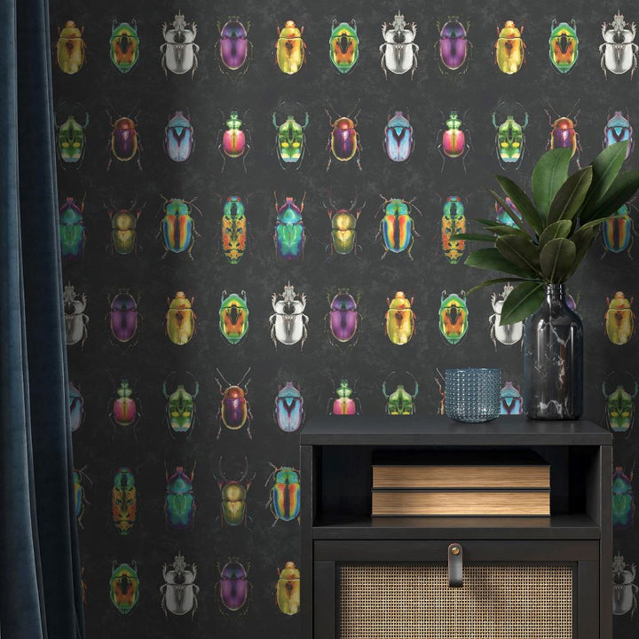 Woodchip & Magnolia Beetle Jewels Multi Black Wallpaper - WM-092-01