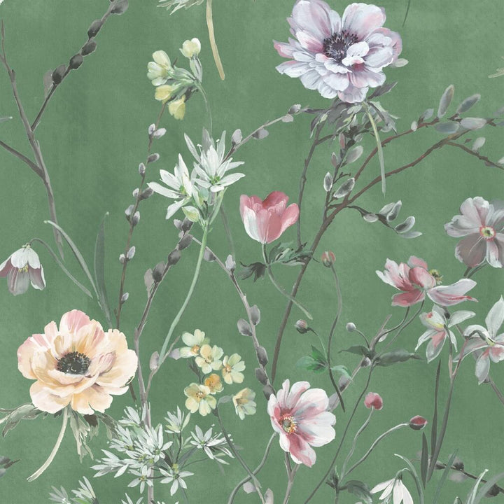 Woodchip & Magnolia Maytime Evergreen Wallpaper main CAD image. Florals in yellow, pink and purple on an ever green background