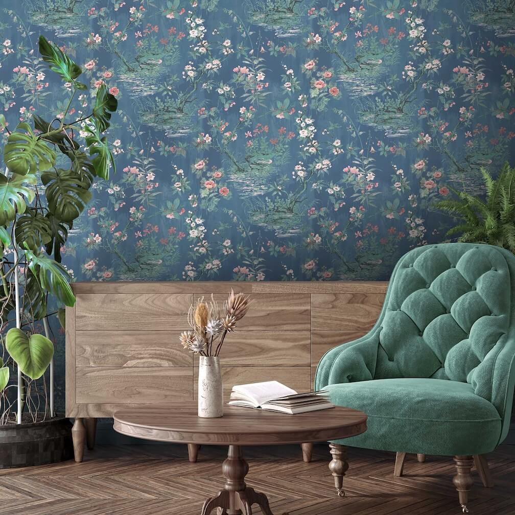 Woodchip & Magnolia rivington marine blue / blush wallpaper decorating a living room