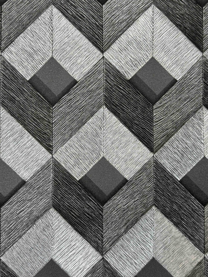 - 3D Stitched Cube Geo Black & Silver Wallpaper - DE120133 - Decor Warehouse