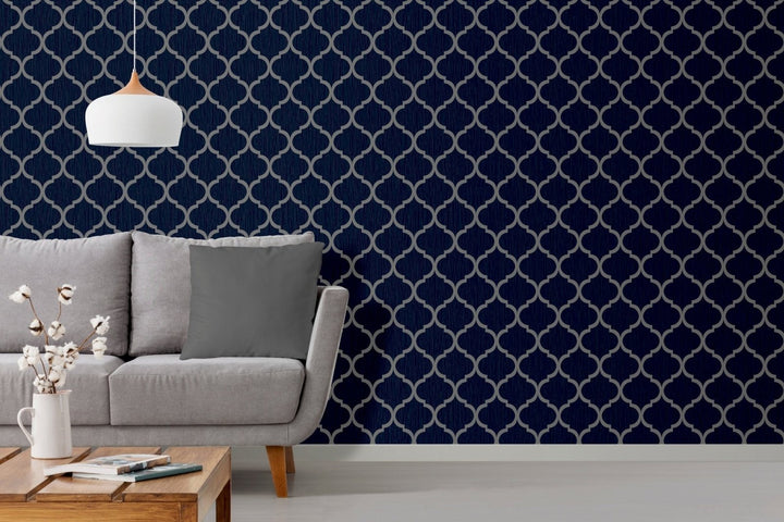 - Crystal Trellis Wallpaper - Blue / Silver - 8894 - Decor Warehouse