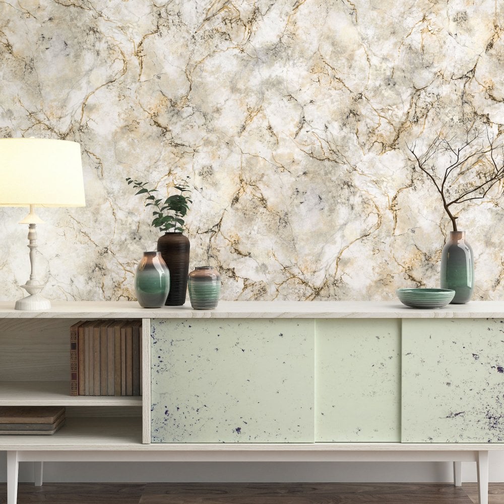 Marble Effect Wallpaper - Debona Verona Marble Gold & Taupe Vinyl Wallpaper - 9121 - Decor Warehouse