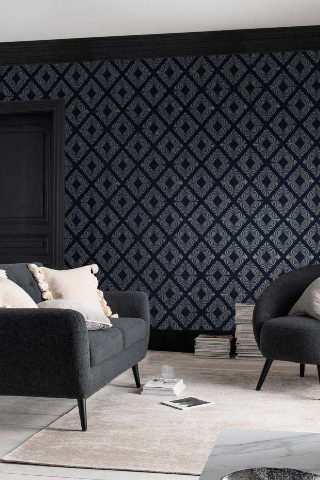 118272-Graham & Brown-Next - Deco Triangle Navy Wallpaper-Decor Warehouse