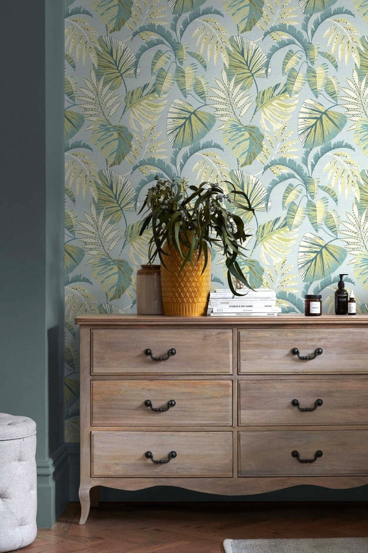 118297-Graham & Brown-Next - Jungle Leaves Duck Egg Wallpaper-Decor Warehouse