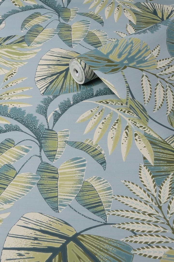 118297-Graham & Brown-Next - Jungle Leaves Duck Egg Wallpaper-Decor Warehouse