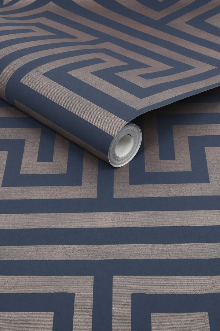 118286-Graham & Brown-Next - Metallic Greek Key Navy Wallpaper-Decor Warehouse