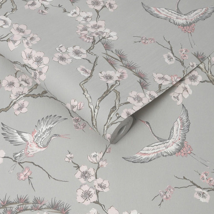 Grey Trees and Leaves Wallpaper Collection- Sublime Japan Grey & Pink Wallpaper - 105985 - Decor Warehouse