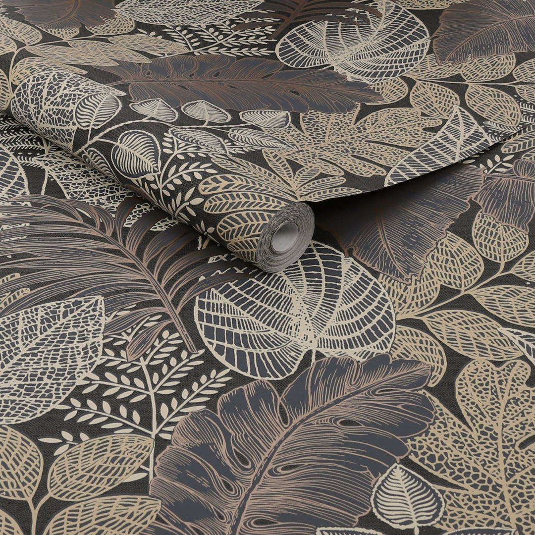 122425-Graham & Brown-Superfresco - Scattered Leaves Charcoal & Gold Wallpaper-Decor Warehouse